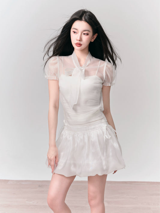 Puff Sleeve Organza Bow Tie Blouse and Mini Bubble Skirt