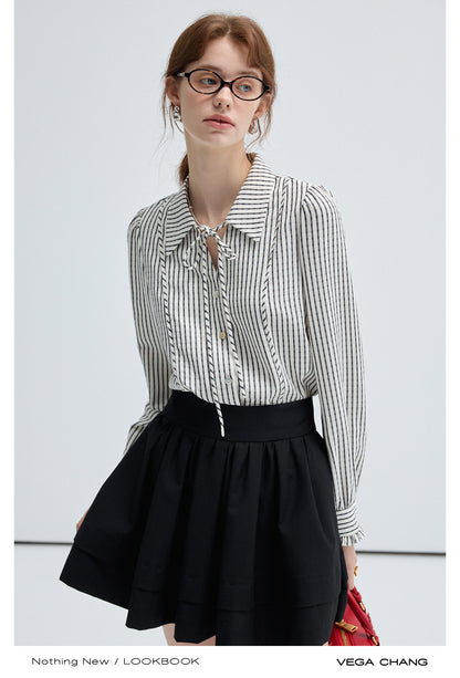 Tie Neck Frill Cuff Contrast Striped Blouse