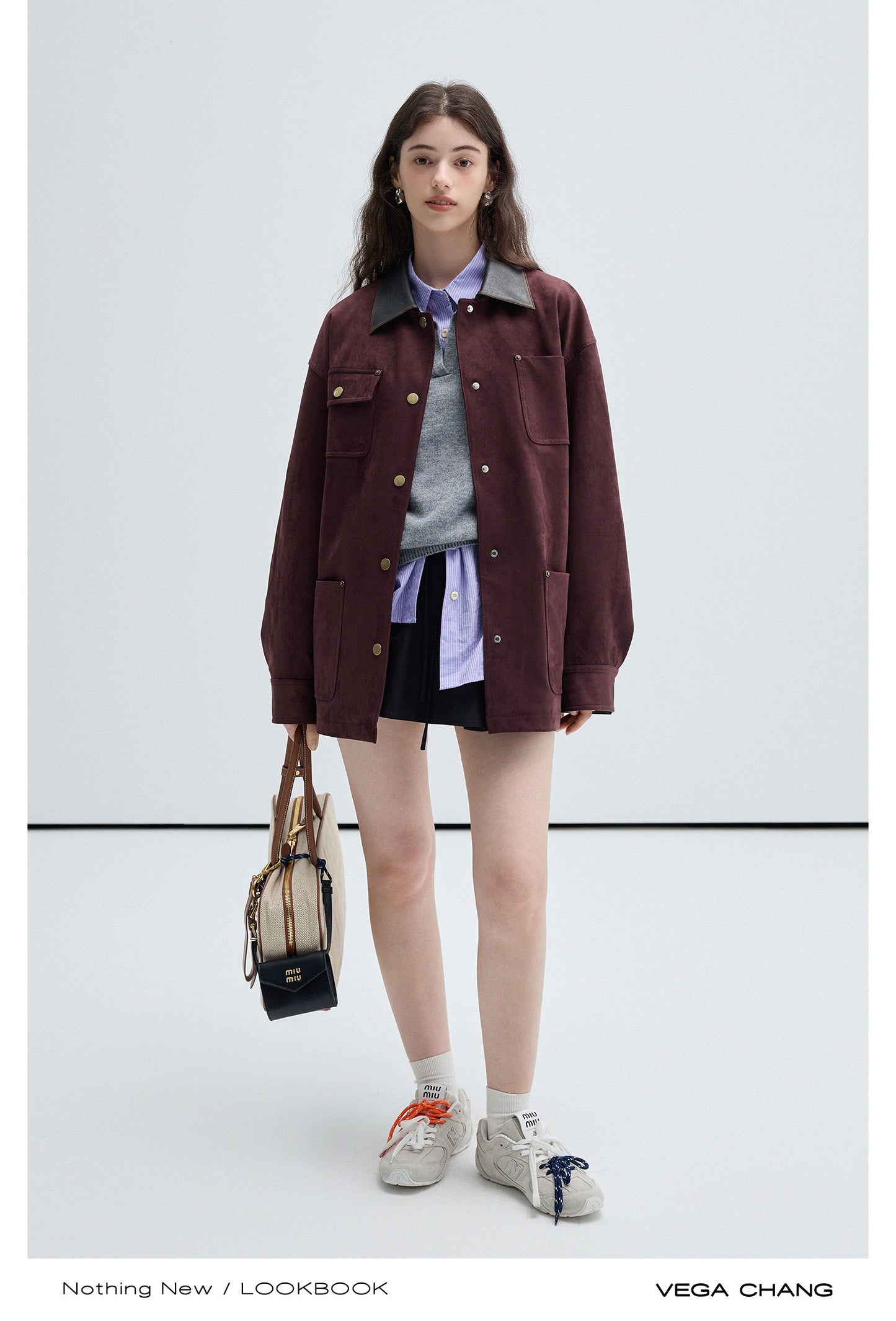 Boxy Faux Suede Jacket With Contrast Collar