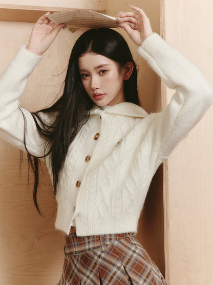 Collared Button-Up Cable Knit Cardigan