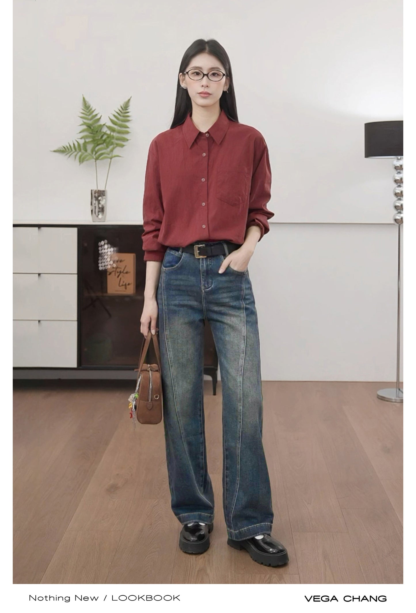 High Waisted Bias Seam Washed Straight Jeans