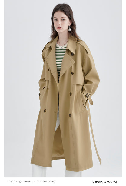 Belted Double Breast Midi Serge Trench Coat