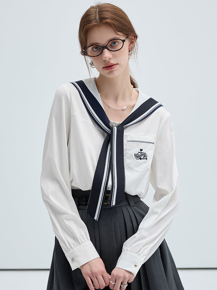 Emblem Embroidered Sailor Collar Tie Neck Shirt