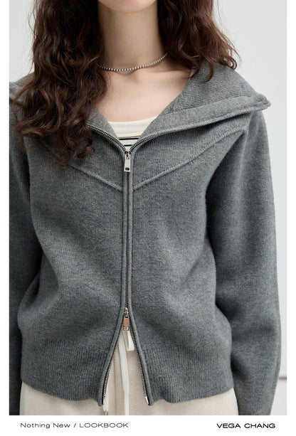 Double Closure Zip Up Knit Cardigan