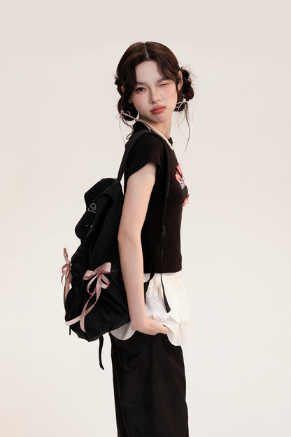 Drawstring Backpack With Decorative Satin Ribbons