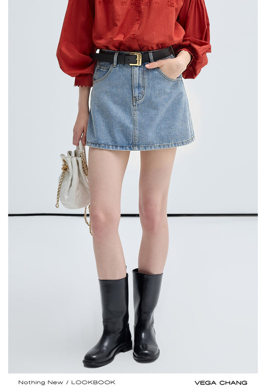 High Waisted Slim Fit Washed Denim Short Skirt