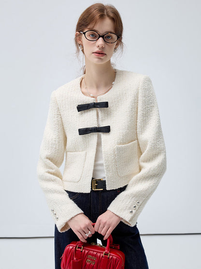 Wool Blend Textured Jacket With Faux Leather Bows