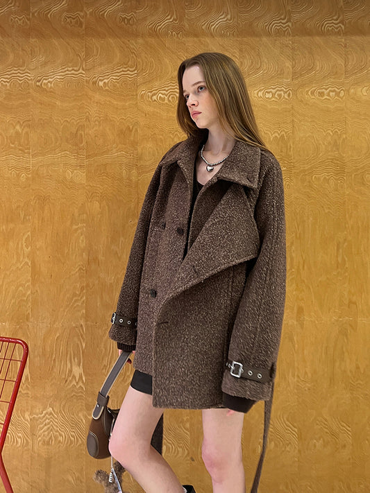 Double-Breasted Wool Blend Coat With Belted Cuffs