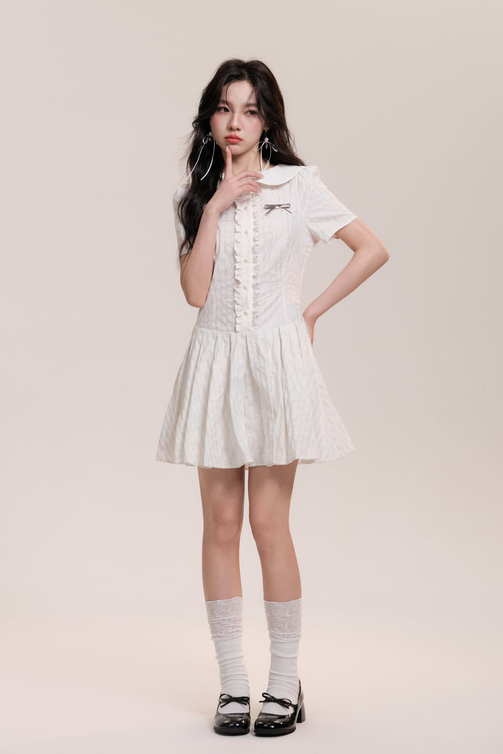 Peter Pan Collar Pleated Stripe Shirt Dress