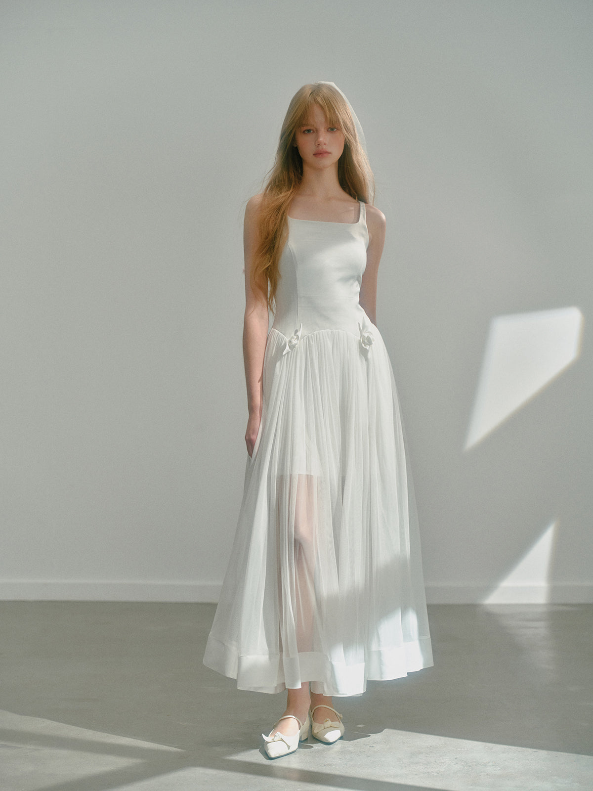 See-Through Dual Fabric Long Flowy Dress