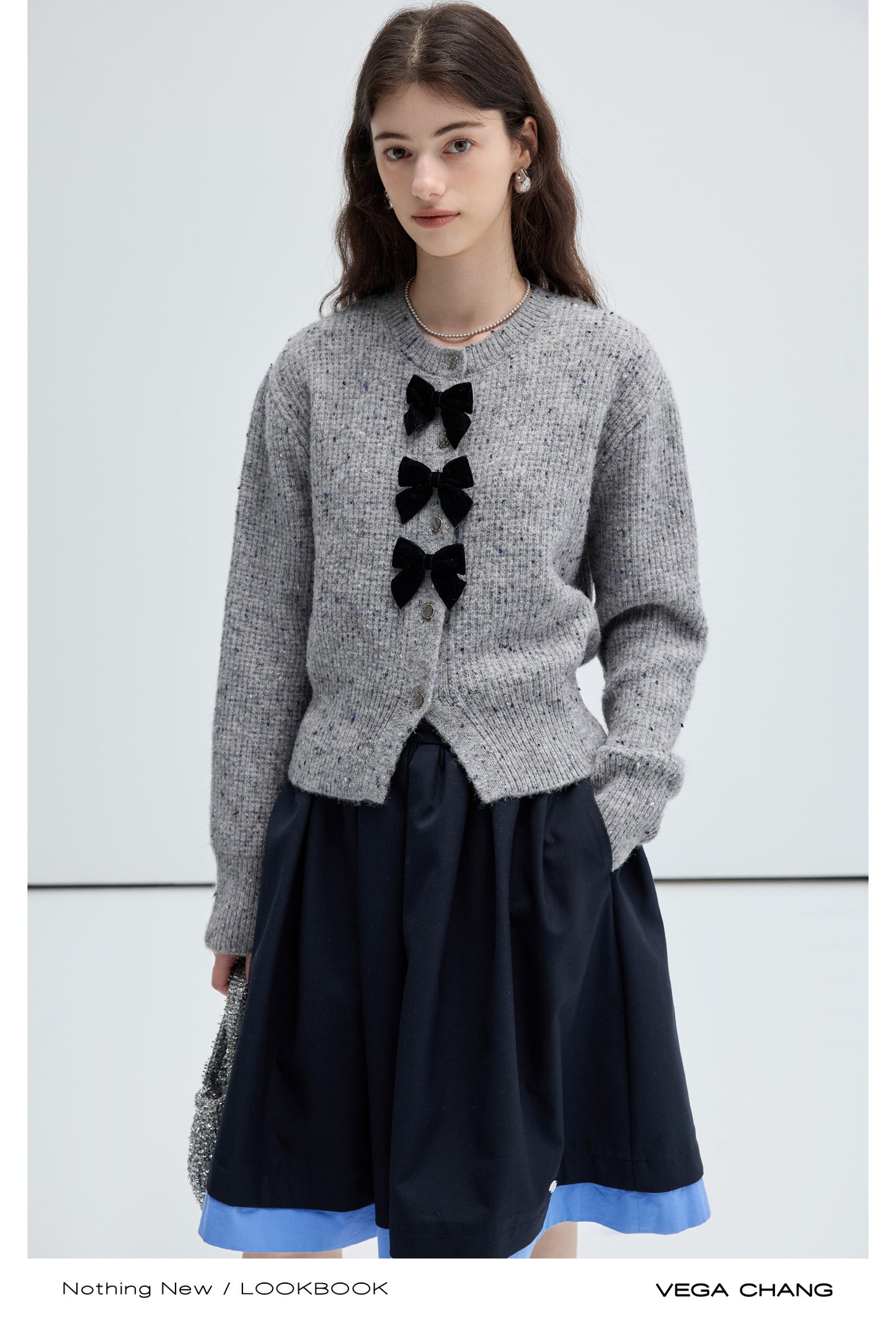 Melange Cardigan With Velvet Bow Accents