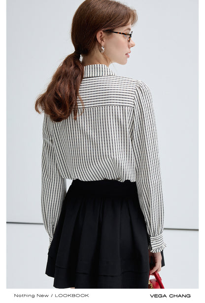 Tie Neck Frill Cuff Contrast Striped Blouse