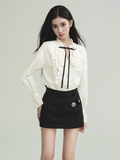 Frilled Flower Ribbon Tie Shirt, Sequin Skirt