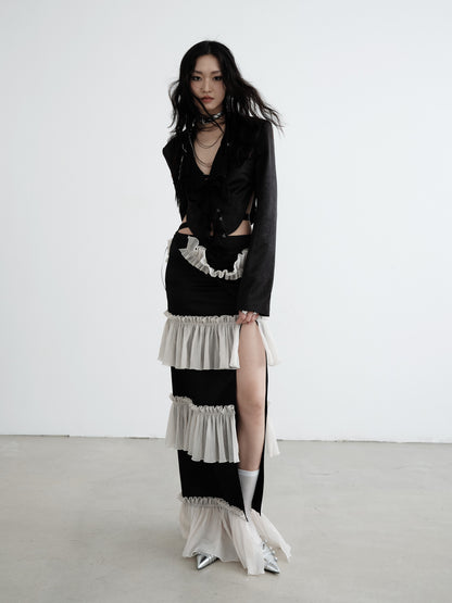 Leg-Baring Contrast Frill Floor-Length Wrap Skirt