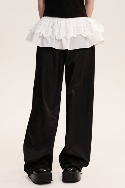 Frilled Lace Waist Straight Leg Trousers