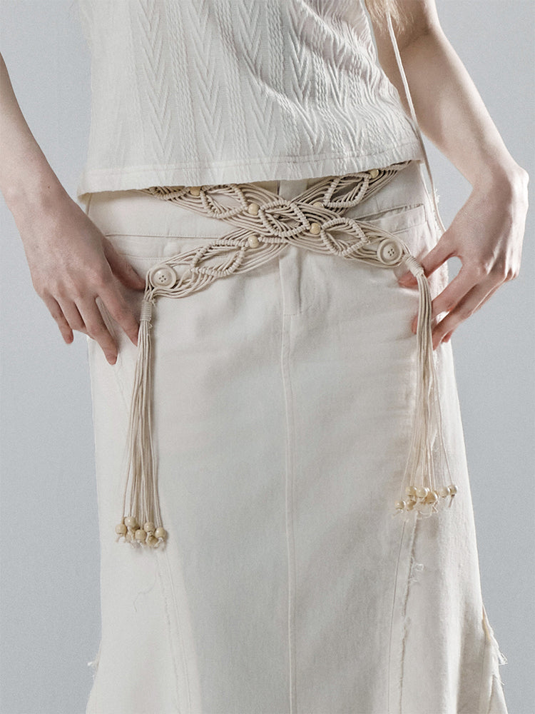 Fringed Long Denim Skirt And Beaded Macrame Belt