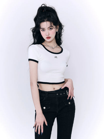 Contrast Color Basic Cropped Fitted Cotton T-Shirt