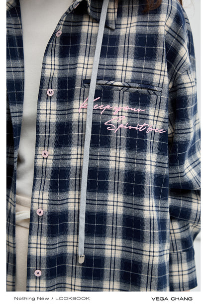 Embroidered Plaid Shirt With Removable Hood