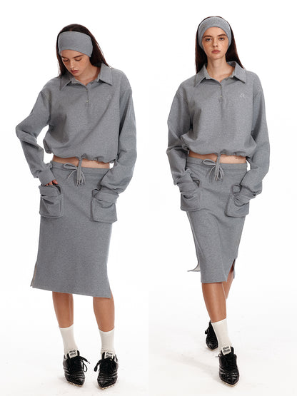 Polo Collar Relaxed Fit Drawstring Cotton Sweatshirt