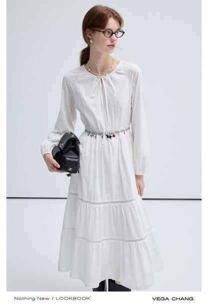 String Tie Neck Embroidery Long Tiered Smock Dress