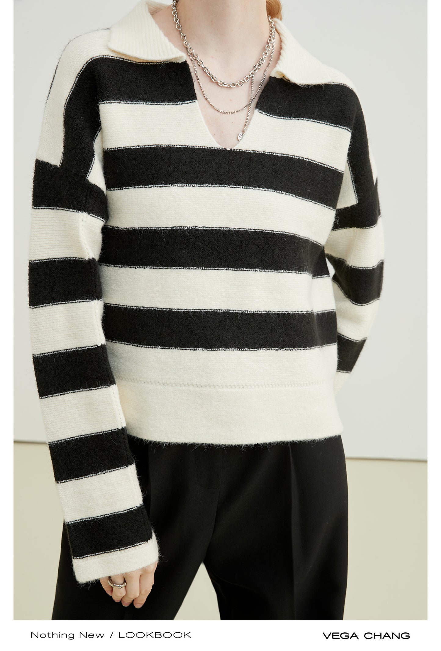 Polo Collar Open V-Neck Striped Sweater