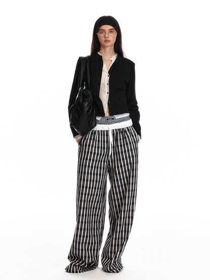 Foldable Waist Stripe-Look Checkered Pants