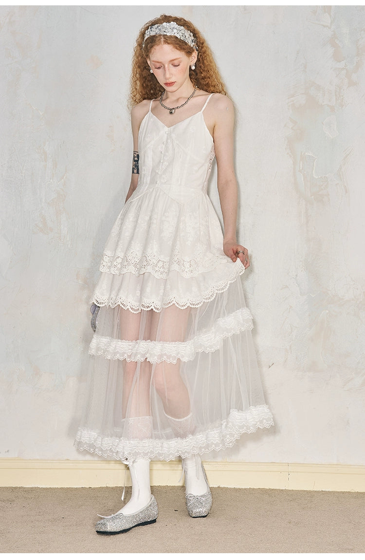 See-Through Embroidered Lace Long Tulle Organdy Dress