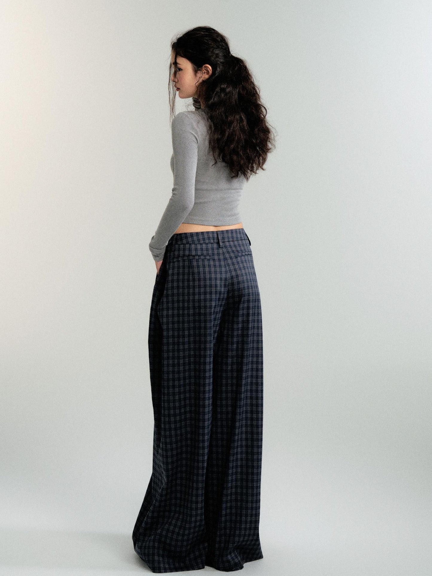 Low Rise Plaid Wide-Leg Straight Trousers