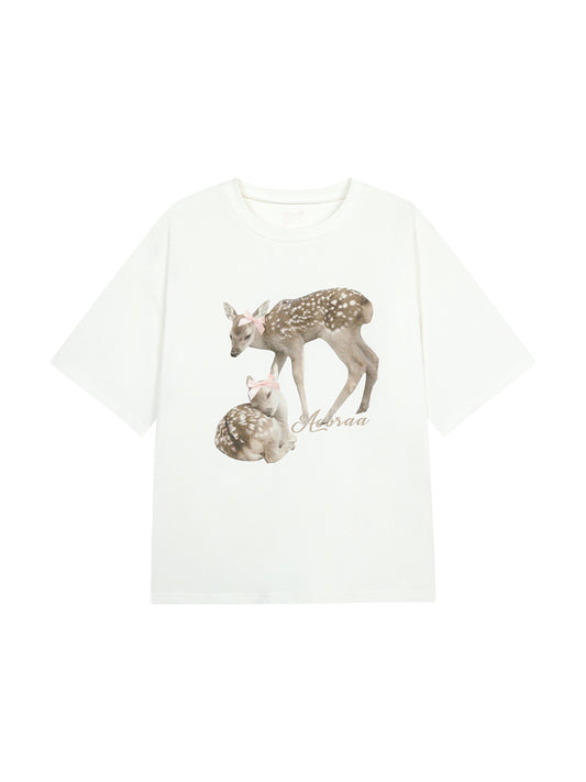 Oversized Deer Print Round Neck Cotton T-Shirt