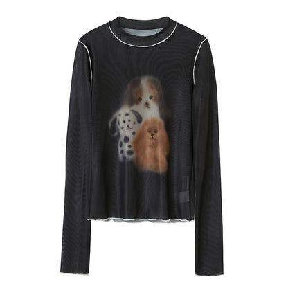 Piping Puppy Print Semi Sheer Top