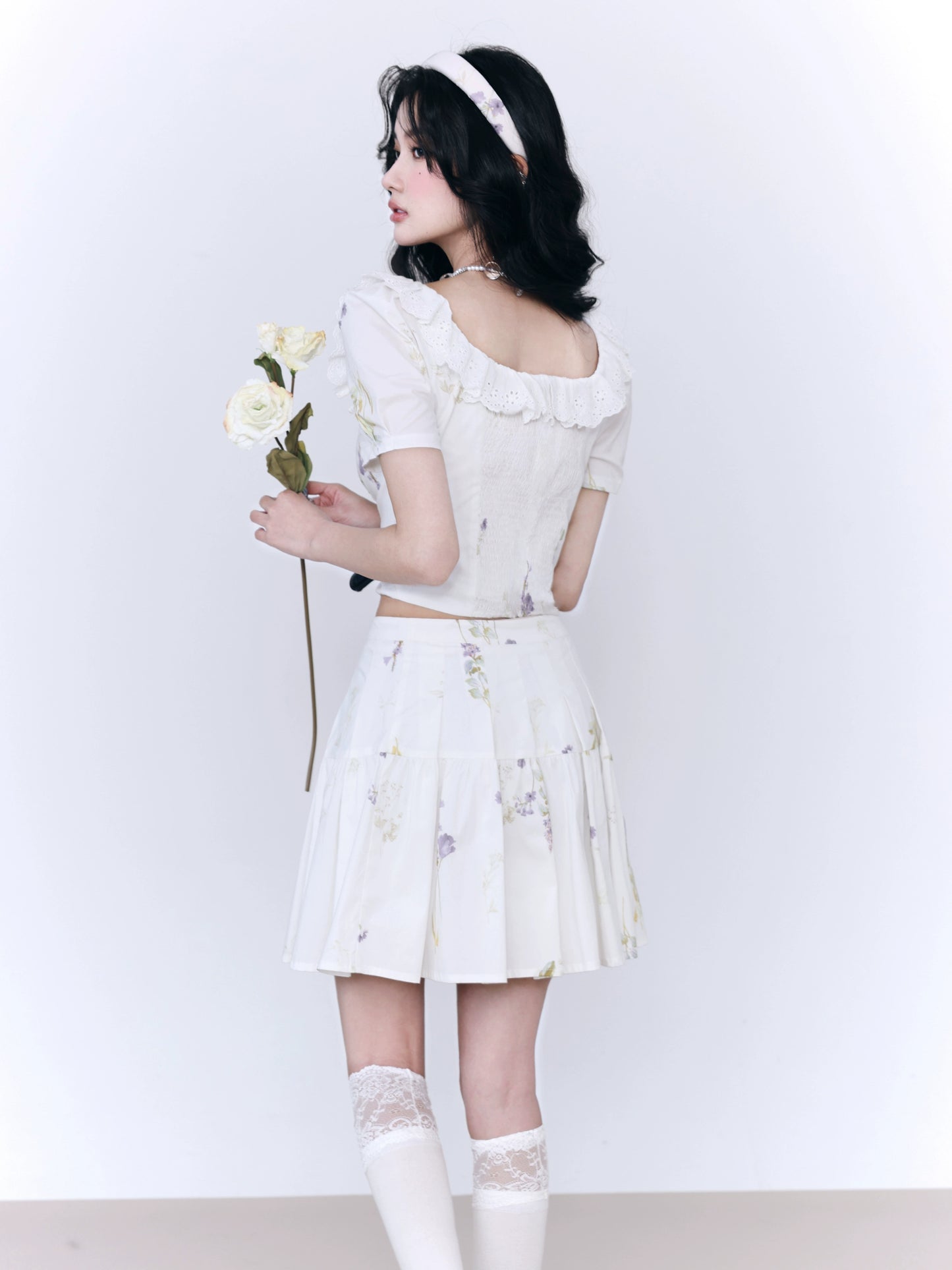 Floral Puff Sleeve Top And Matching Pleated Short Skirt