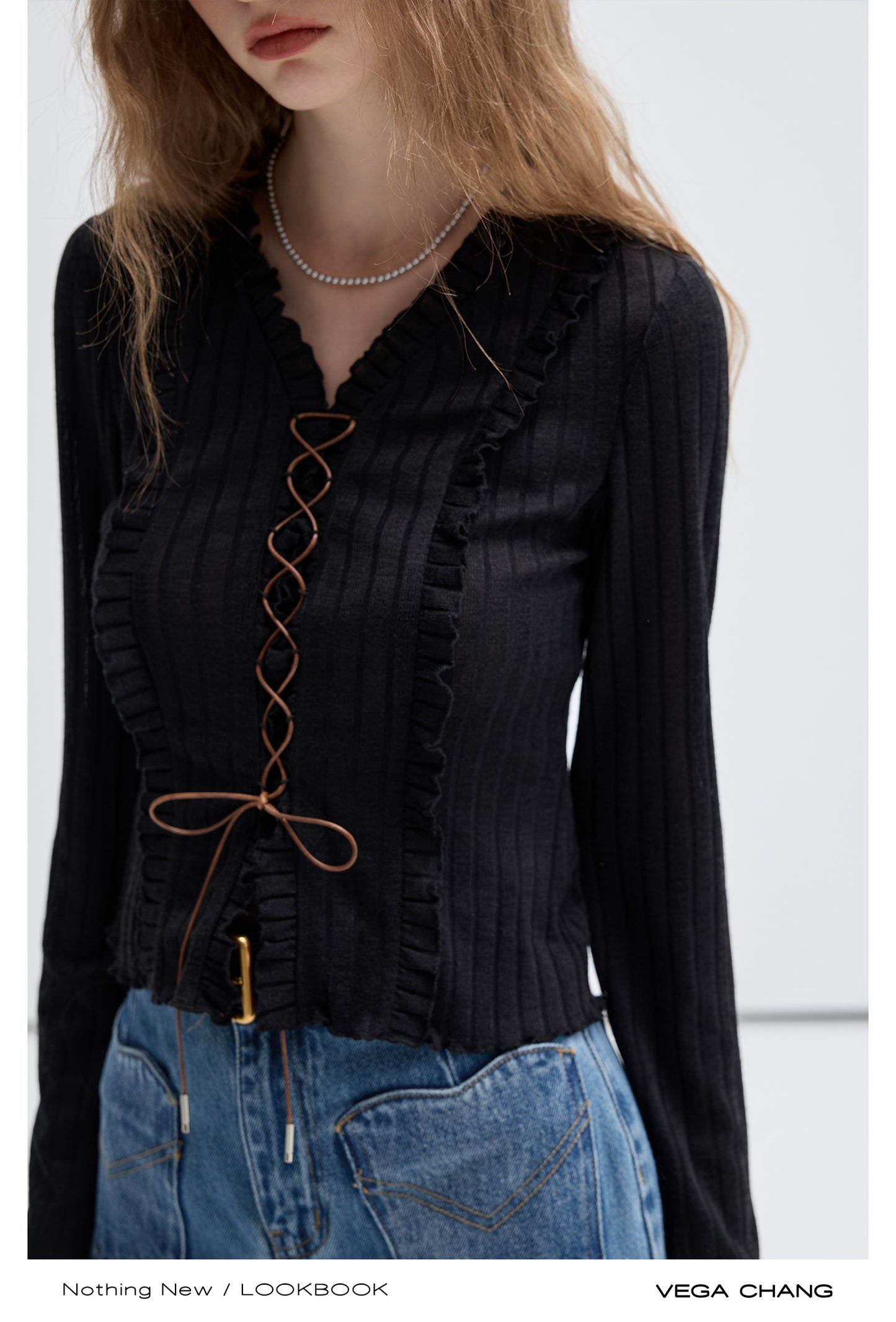 Frilled Lace-Up Rib Knit Top