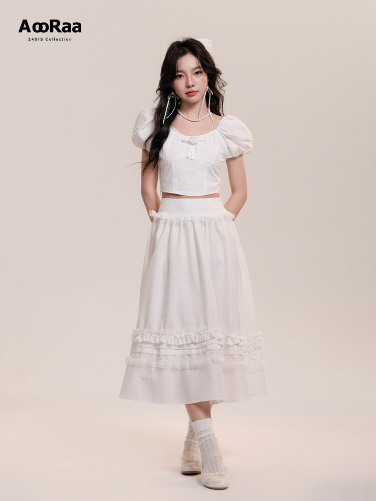 Rose Checkered Puff Sleeve Top And Frilled Skirt