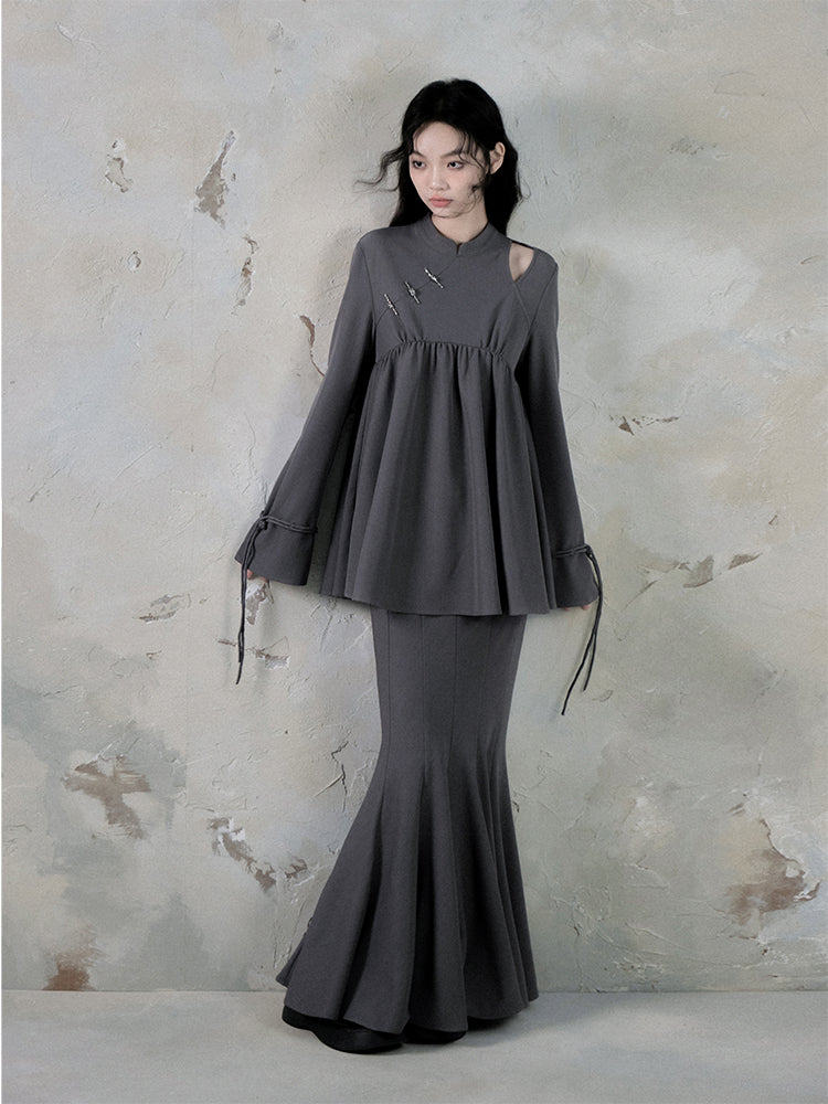 Qipao Style Twill Draped Top And Fishtail Skirt