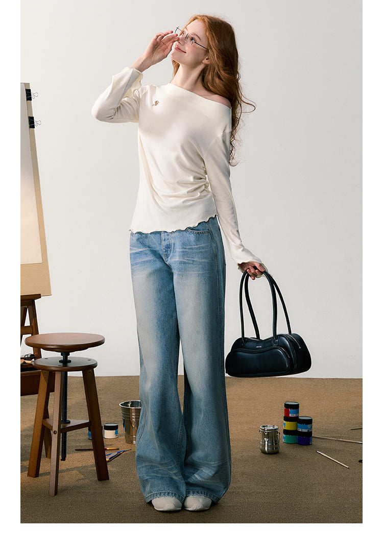 Logo Embroidered Washed Wide-Leg Jeans