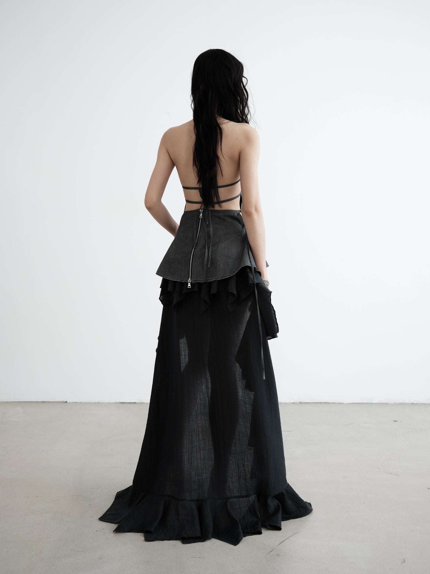 Long-Tailed Asymmetrical Lace-Up Ruffle Skirt