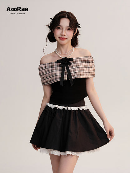 Plaid Off-Shoulder Rib Top And Frilled Zip Skirt