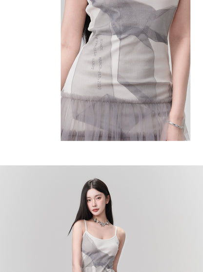 Pictorial Bow Print Tulle Camisole Dress