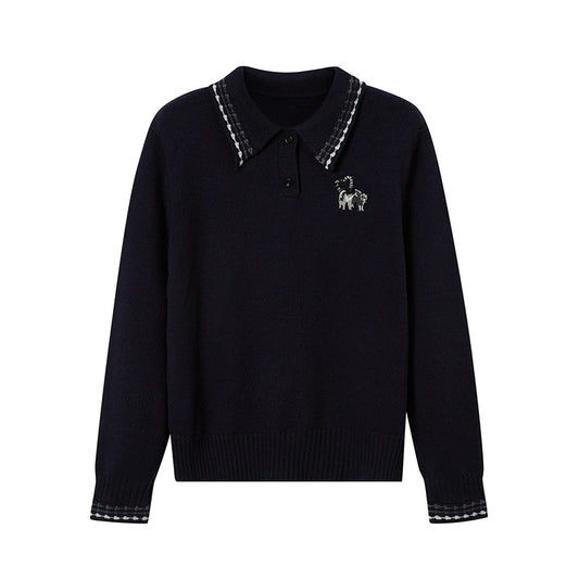 Cat Heart Embroidery Tipping Polo Knit Sweater