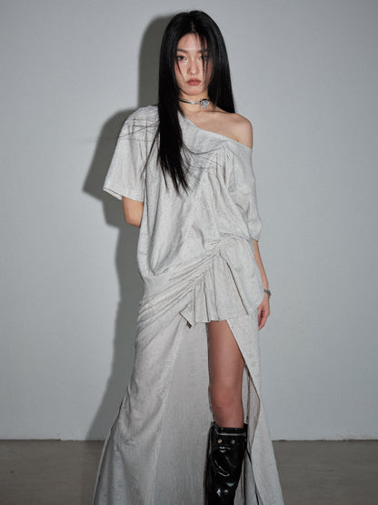 Asymmetric Loose T-Shirt And Leg-Baring Skirt Set