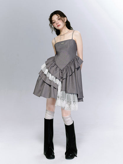 Asymmetric Lace Mixed Dress And Puff Sleeve Top