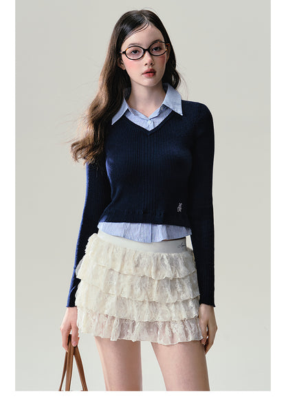 Layered V-Neck Rib Knit Top With Shirt Collar