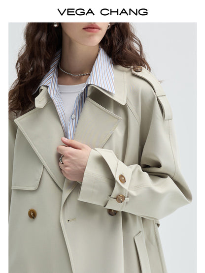 Belted Trench Coat With Faux Two-Piece Stripe Shirt