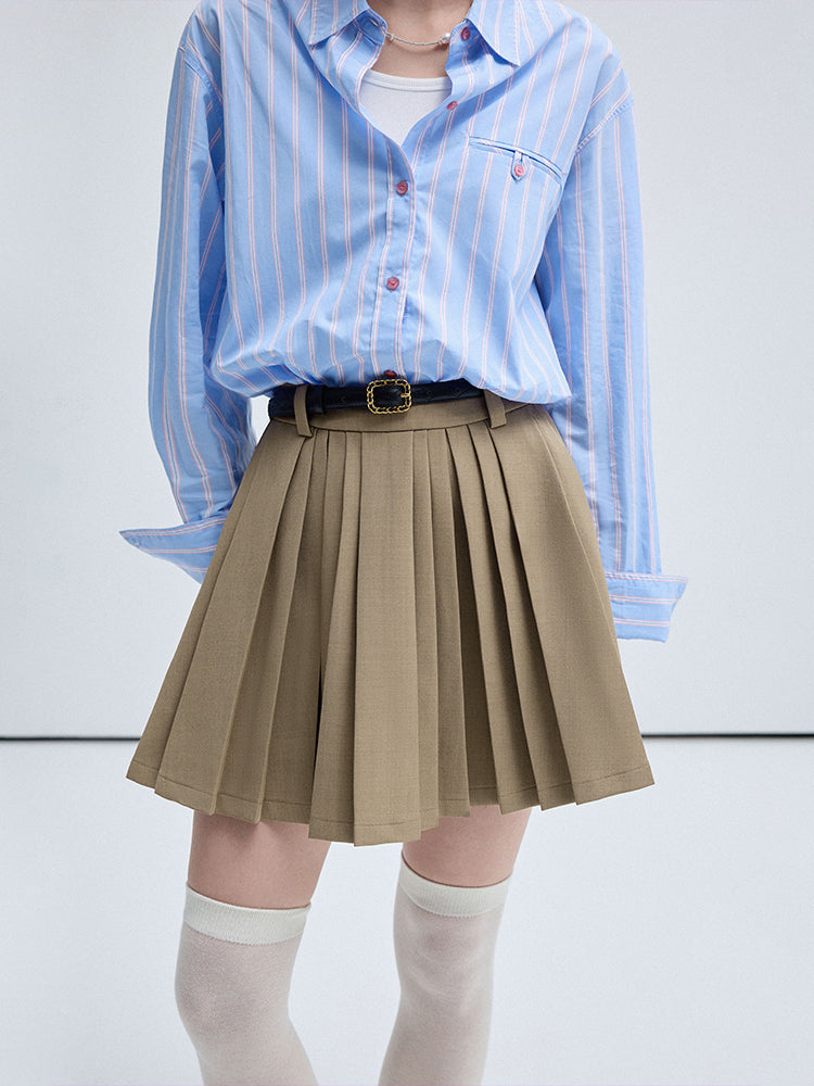 High Waist A-Line Pleated Twill Mini Skirt