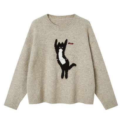 Beaded Hula Hoop Cat Knit Pullover