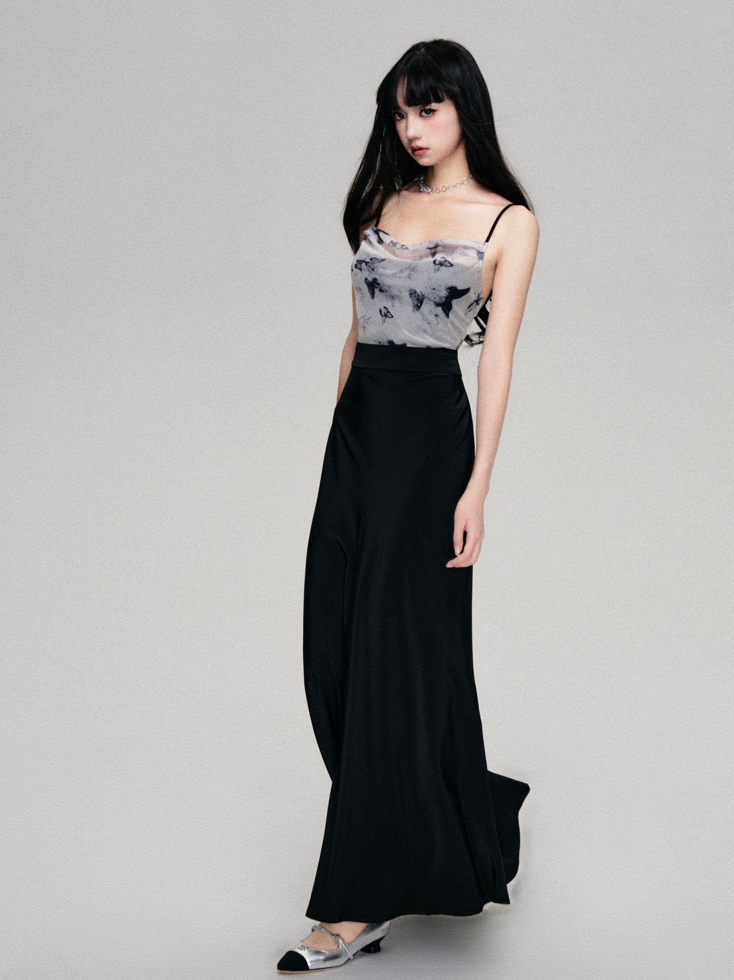 High Waist Butterfly Print Camisole Long Dress