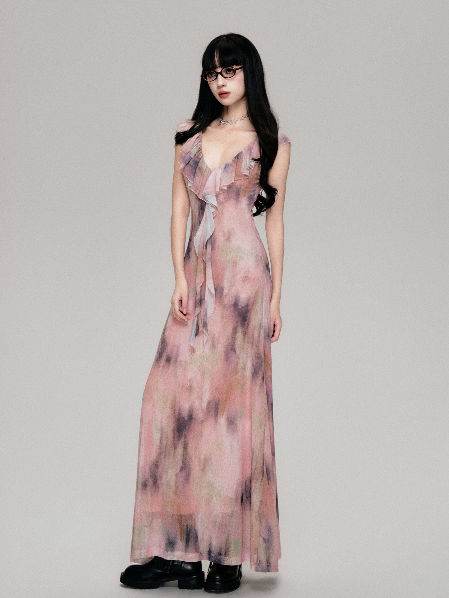 Smudge Print Wood Ear Edge V-Neck Mesh Long Dress