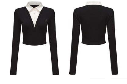 Office Lady Faux Two-Piece Slim Fit Cropped Shirt