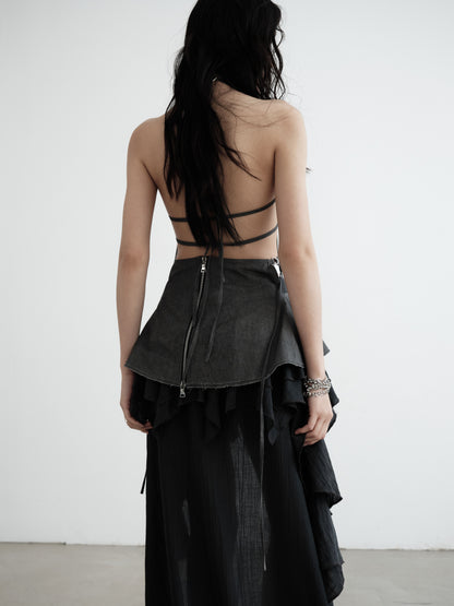 Long-Tailed Asymmetrical Lace-Up Ruffle Skirt