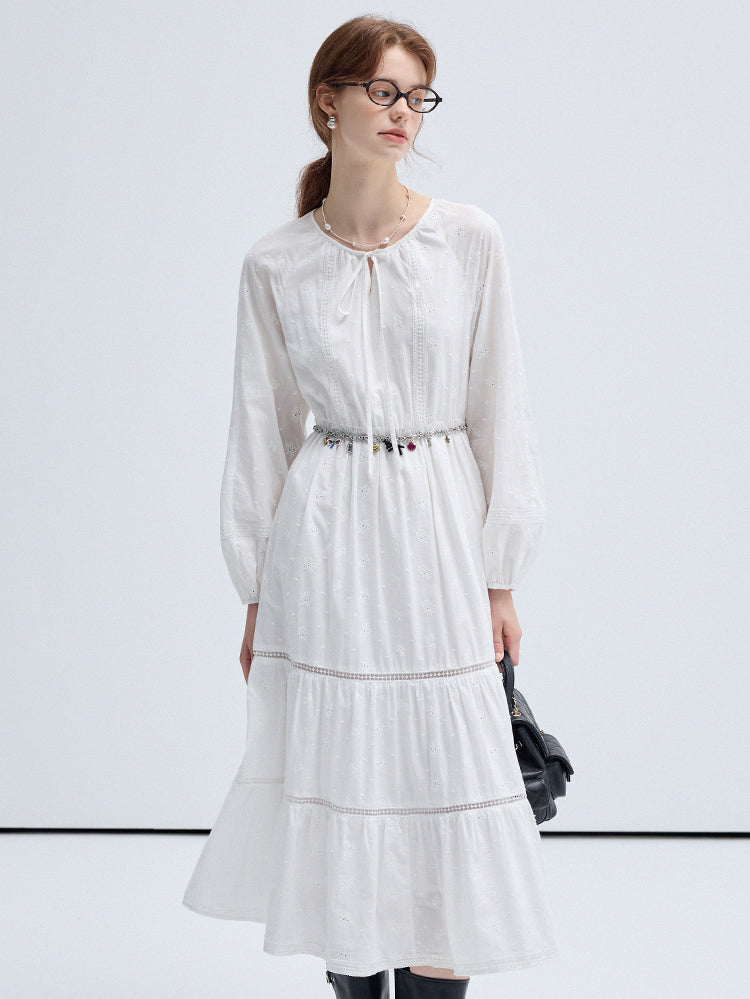 String Tie Neck Embroidery Long Tiered Smock Dress